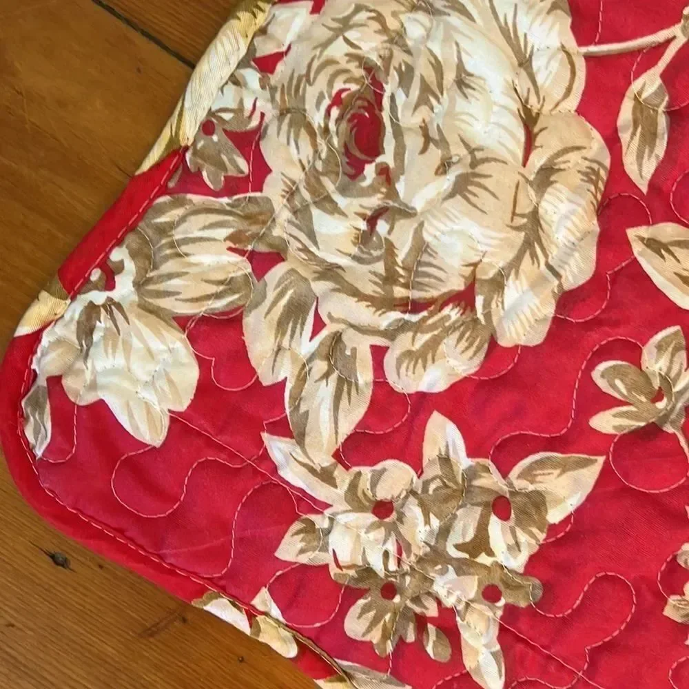 VTG 20x26” Quilted Pillow Sham Victorian Red Tan Garden Rose Print